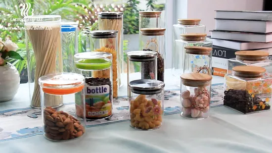 Glassware Factory Direct Sell 200ml 450ml Round & Rectangular Borosilicate Glass Jar Kitchenware Vertical Stripe Food Storage Jar with Hermetic Seal Bamboo Lid